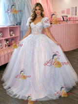 Puff Sleeve Square Neck Tulle Appliques Prom Dress