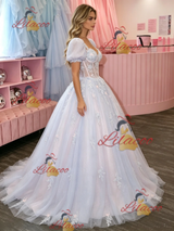 Puff Sleeve Square Neck Tulle Appliques Prom Dress