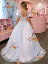 Puff Sleeve Square Neck Tulle Appliques Prom Dress