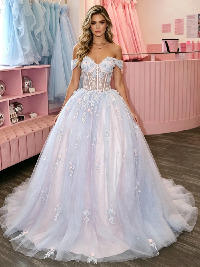 Tulle Appliques Off the Shoulder Prom Dress