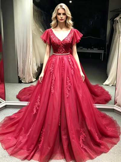 Burgundy Tulle V-neck Appliques prom Dress
