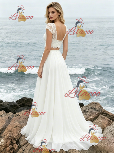 White Chiffon Lace Two Piece Wedding Dress