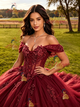 Burgundy Tulle Off the Shoulder Appliques Quinceanera Dress