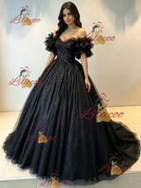 Black Tulle Sequins Off the Shoulder Quinceanera Dress