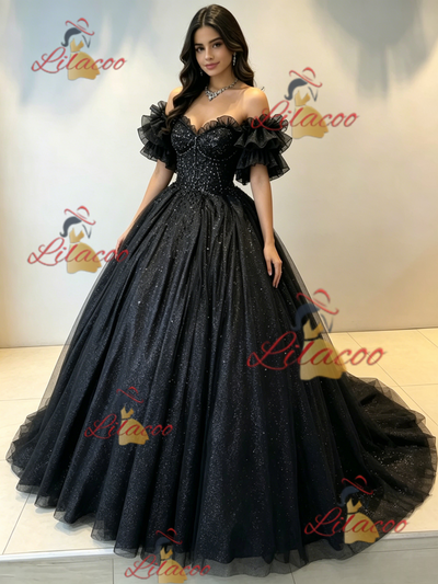 Black Tulle Sequins Off the Shoulder Quinceanera Dress