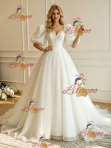 White Tulle Puff Sleeve Appliques Wedding Dress