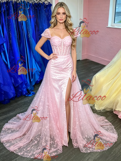 Pink Lace Straps Split Prom Dress