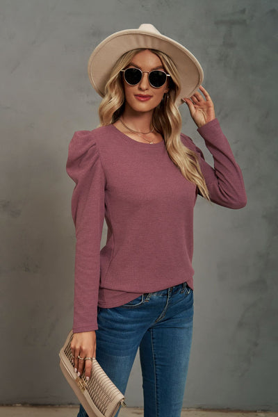 Long Sleeve Pleated Spliced Round Neck T-shirt