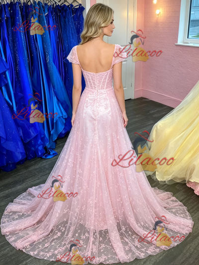 Pink Lace Straps Split Prom Dress