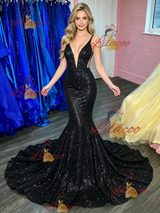 Black Mermaid Sequins Spaghetti Straps Prom Dress