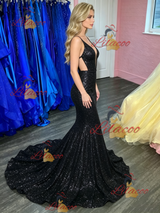 Black Mermaid Sequins Spaghetti Straps Prom Dress