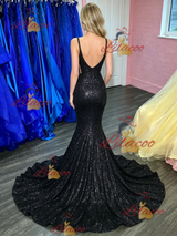 Black Mermaid Sequins Spaghetti Straps Prom Dress