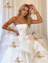 White Tulle Strapless Appliques Wedding Dress