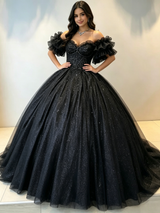 Black Tulle Sequins Off the Shoulder Quinceanera Dress