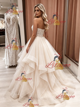 Champagne Tulle Strapless Appliques Wedding Dress