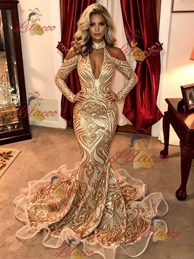 Gold Mermaid Sequins Long Sleeve Prom Dress