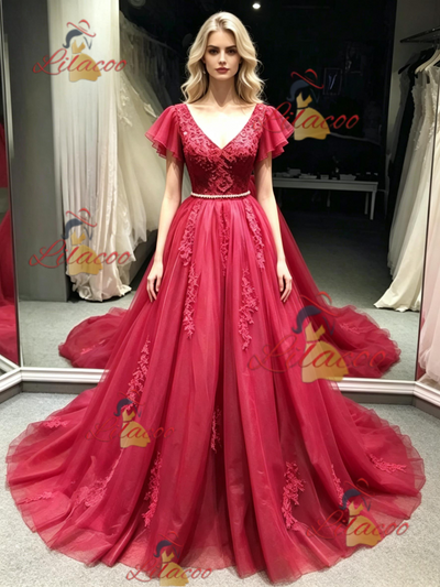 Burgundy Tulle V-neck Appliques prom Dress