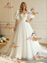 White Tulle Puff Sleeve Appliques Wedding Dress