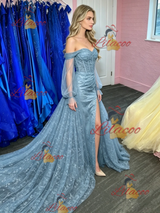 Blue Lace Long Sleeve Split Prom Dress