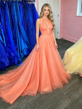 Orange Tulle Halter Prom Dress