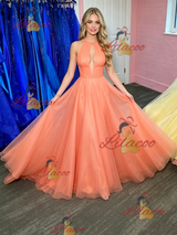 Orange Tulle Halter Prom Dress