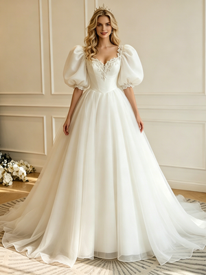 White Tulle Puff Sleeve Appliques Wedding Dress