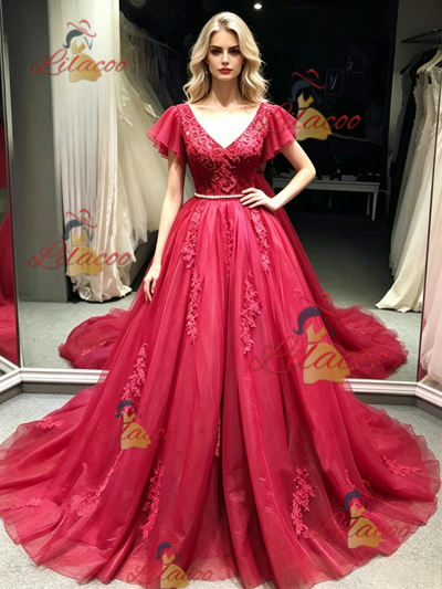 Burgundy Tulle V-neck Appliques prom Dress