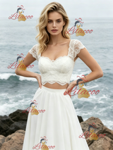 White Chiffon Lace Two Piece Wedding Dress
