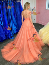 Orange Tulle Halter Prom Dress