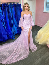 Purple Lace Spaghetti Straps Prom Dress