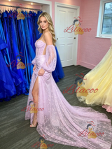 Purple Lace Spaghetti Straps Prom Dress