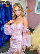 Purple Lace Spaghetti Straps Prom Dress