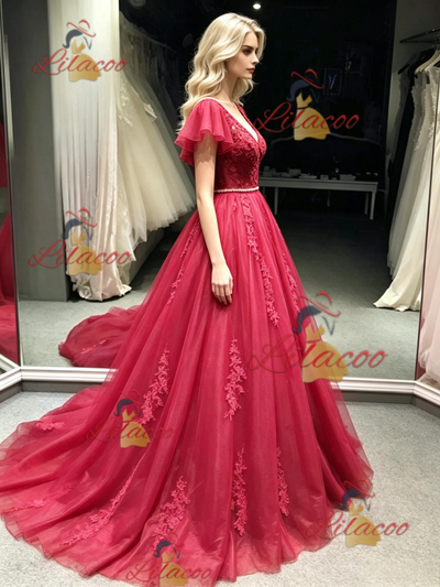 Burgundy Tulle V-neck Appliques prom Dress