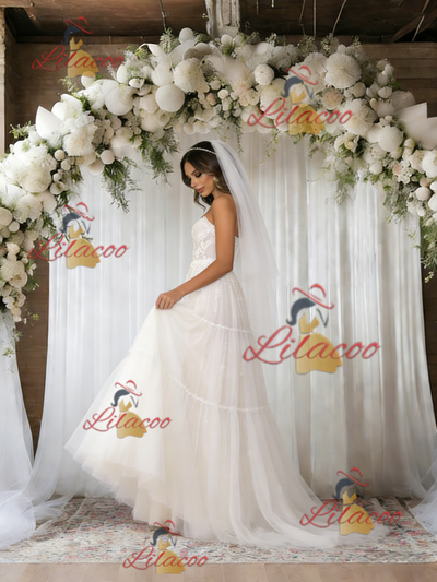 White Tulle Strapless Appliques Wedding Dress