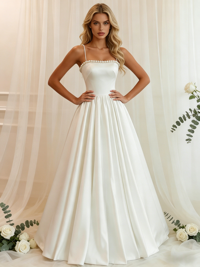White Satin Spaghetti Straps Pearls Wedding Dress