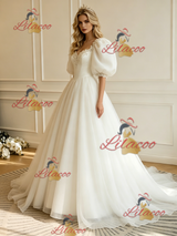 White Tulle Puff Sleeve Appliques Wedding Dress