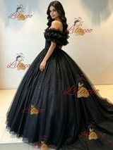 Black Tulle Sequins Off the Shoulder Quinceanera Dress