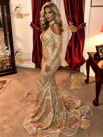 Gold Mermaid Sequins Long Sleeve Prom Dress