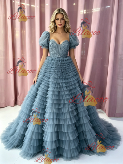Blue Tuller Tiers Puff Sleeve Prom Dress