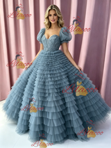 Blue Tuller Tiers Puff Sleeve Prom Dress