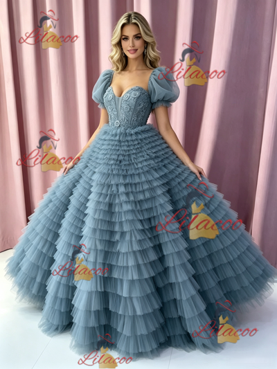 Blue Tuller Tiers Puff Sleeve Prom Dress