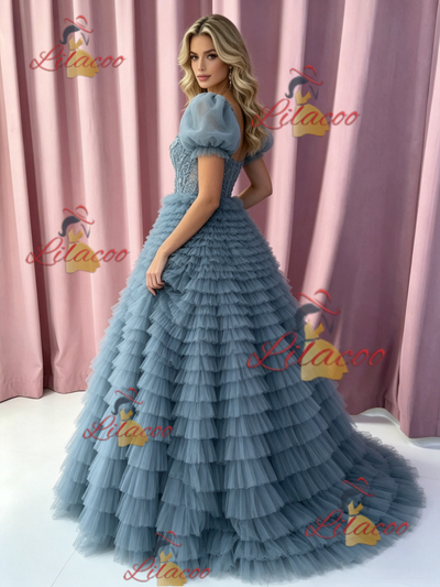 Blue Tuller Tiers Puff Sleeve Prom Dress