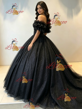 Black Tulle Sequins Off the Shoulder Quinceanera Dress