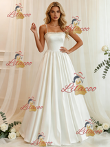 White Satin Spaghetti Straps Pearls Wedding Dress