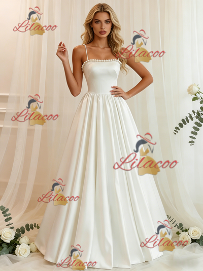 White Satin Spaghetti Straps Pearls Wedding Dress