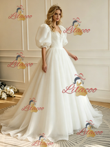 White Tulle Puff Sleeve Appliques Wedding Dress