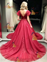 Burgundy Tulle V-neck Appliques prom Dress