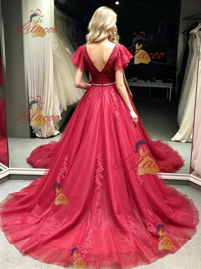 Burgundy Tulle V-neck Appliques prom Dress