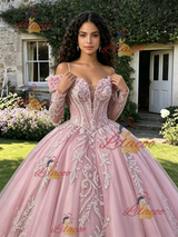 Pink Tulle Off the Shoulder Long Sleeve Quinceanera Dress