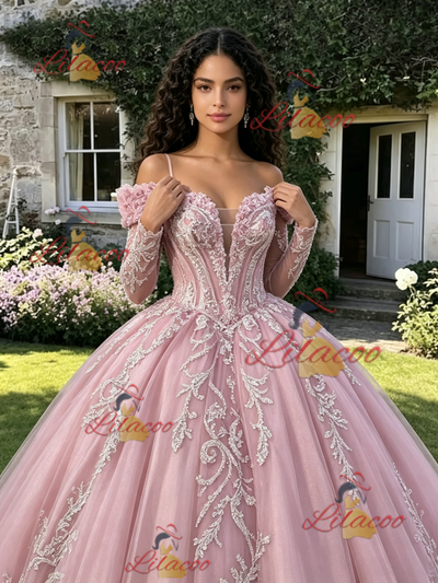 Pink Tulle Off the Shoulder Long Sleeve Quinceanera Dress